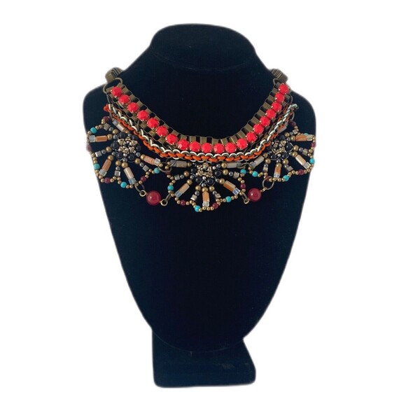 Pam Hiram Chunky Bib Necklace Semi Precious Beads Brass Cube Chain Handcrafted - Picture 7 of 10